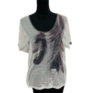 Vintage Y2K Charlotte Russe Sheer Sequin Mesh Top Silver Grey Party Tee Size L